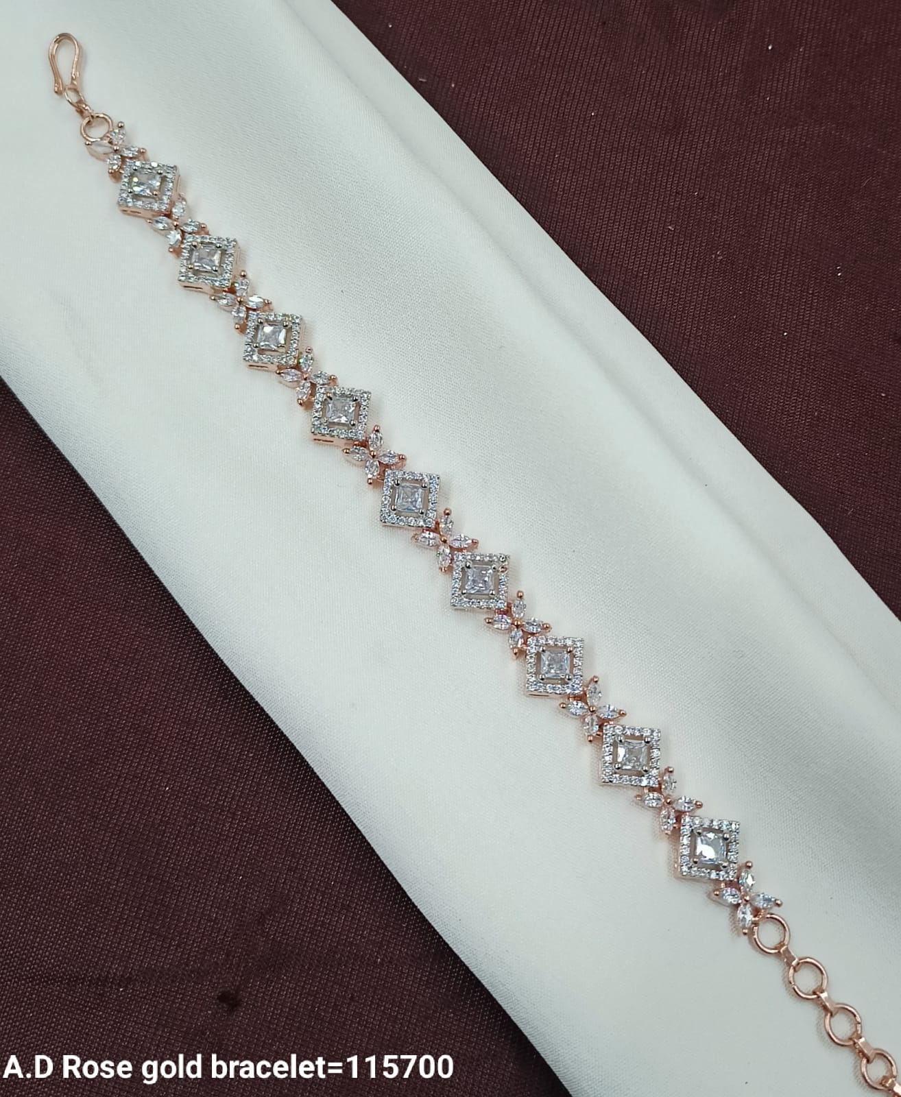 Rose Gold Bracelet with Clear Princess-Cut AD Stones – Elegant Square Design